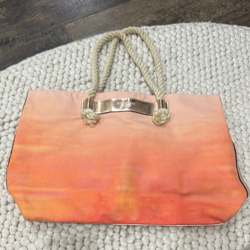 Victoria's Secret Sunset Orange Tote Bag with Rope Handles & Rose Gold Accents
